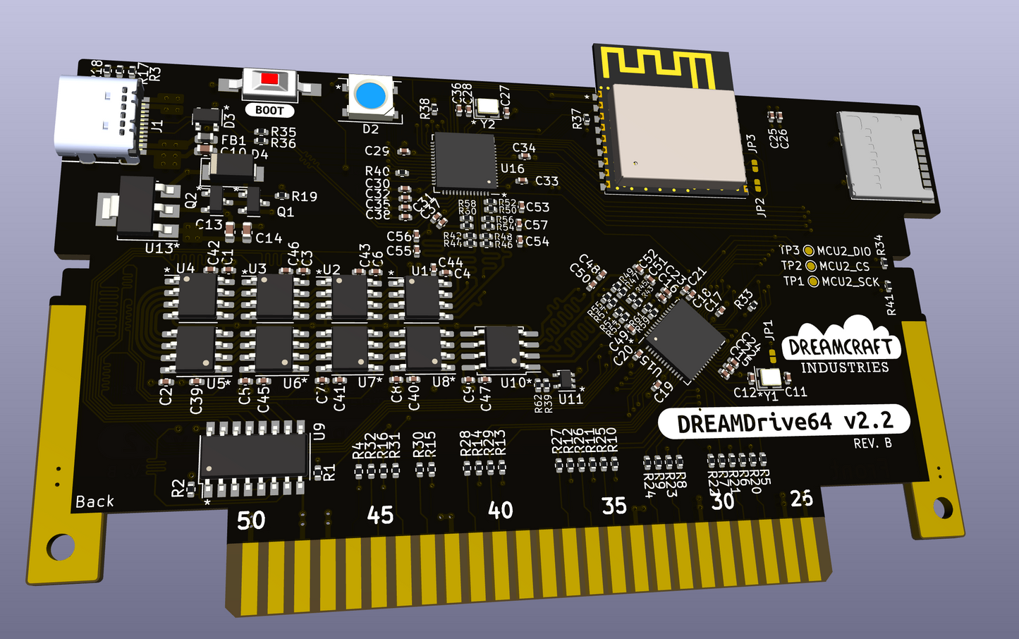 Internals of the DREAMDrive64. Back side of the PCB. FACE AWAY WHEN PLUGGING IN!